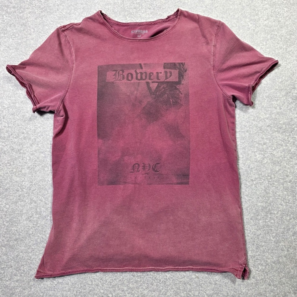 Express Womens S Maroon Silver Graphic Short Sleeve Top Tee Metallic Casual